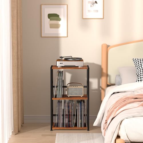 LOAKEKEL Record Player Stand, Vinyl Record Storage Up to 200 Albums, 3 Tier End Table with Removable Dividers, Tall Side Table for Living Room, Bedroom, Rustic Brown, HETCD010BR-1 LOAKEKEL