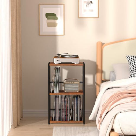 LOAKEKEL Record Player Stand, Vinyl Record Storage Up to 200 Albums, 3 Tier End Table with Removable Dividers, Tall Side Table for Living Room, Bedroom, Rustic Brown, HETCD010BR-1 LOAKEKEL