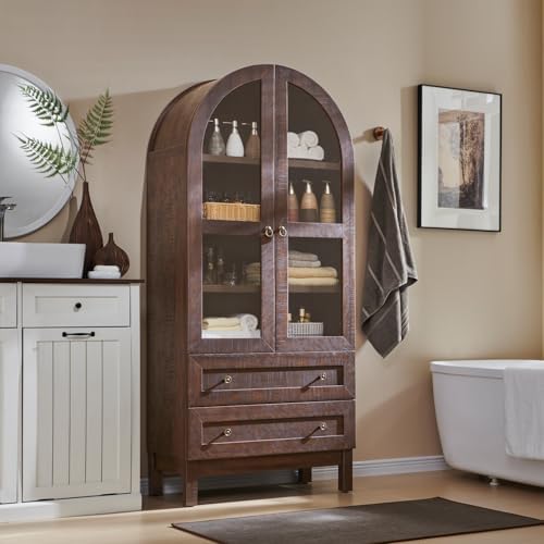IFBUY 71" Tall Arched Bookshelf, 4-Tier Bookcase with Glass Doors and Shelves, Wooden Display Cabinet w/2 Large Storage Drawers, Modern Farmhouse Versatile Bookshelf for Living Room, Bedroom, Brown IFBUY