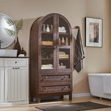 IFBUY 71" Tall Arched Bookshelf, 4-Tier Bookcase with Glass Doors and Shelves, Wooden Display Cabinet w/2 Large Storage Drawers, Modern Farmhouse Versatile Bookshelf for Living Room, Bedroom, Brown IFBUY