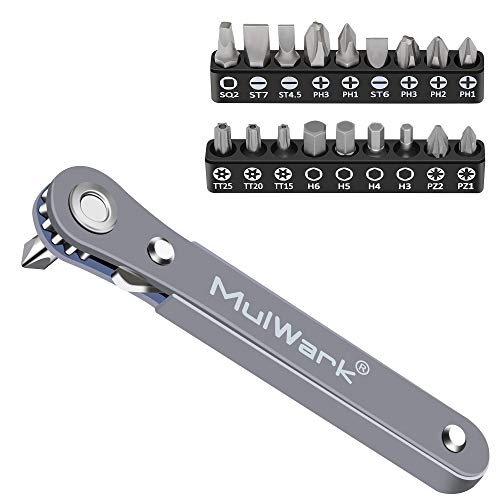 MULWARK 20pc 1/4 Ultra Low Profile Mini Ratchet Wrench Close Quarters Screwdriver Set with High Torque - Right Angle EDC Tool with 90 Degree Mini Offset Reversible Drive Handle & Multi Hex Bits Set MULWARK