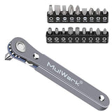 MULWARK 20pc 1/4 Ultra Low Profile Mini Ratchet Wrench Close Quarters Screwdriver Set with High Torque - Right Angle EDC Tool with 90 Degree Mini Offset Reversible Drive Handle & Multi Hex Bits Set MULWARK