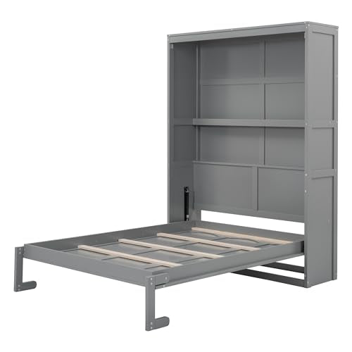 Ball & Cast Full Size Murphy Bed Wall Bed with Shelves and Mattress Holder,Wood Hideaway Cabinet Chest w/Slat Support,can be Folded,for Small Room,Dorms,Gray Ball & Cast