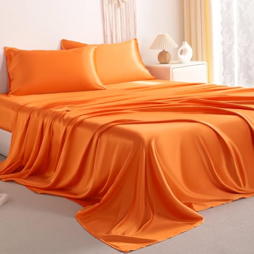 NTBAY Silk Satin Full Sheet Set, 4-Piece Luxury and Soft Bedding Set Cooling Silky Sheets for Hair and Skin, Includes 2 Pillowcases, 1 Flat Sheet, 1 Fitted Sheet with Deep Pocket, Orange NTBAY