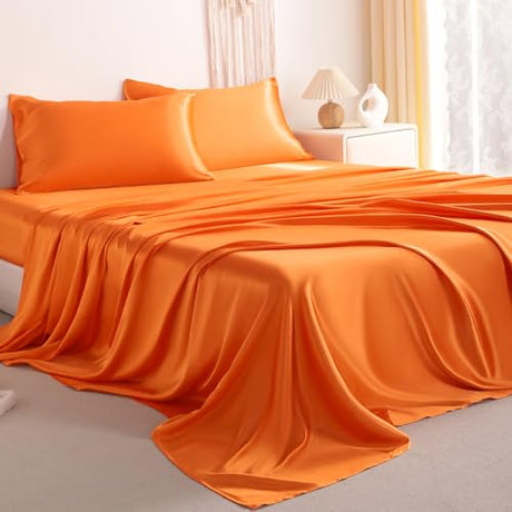 NTBAY Silk Satin Full Sheet Set, 4-Piece Luxury and Soft Bedding Set Cooling Silky Sheets for Hair and Skin, Includes 2 Pillowcases, 1 Flat Sheet, 1 Fitted Sheet with Deep Pocket, Orange NTBAY