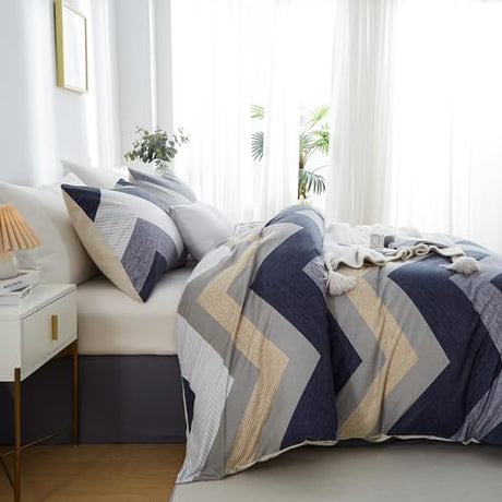 BOLINLIVING Wavy Striped Queen Duvet Cover Set, Blue Geometric Zipper Duvet Cover 104"x90" with 2 Pillow Sham 20"x36", 3 Pieces Soft Breathable Single Bedding Sets with 4 Corner Ties BOLINLIVING