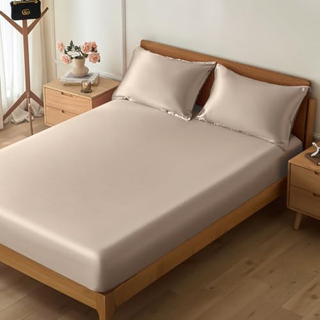 VACVELT 3-Piece Satin Fitted Sheet Set Queen Size, Beige Bottom Bed Sheet with 2 Pillowcases, Similar to Silk Sheets, Luxury & Silky Bedding Set, 15 Inch Deep Pocket VACVELT