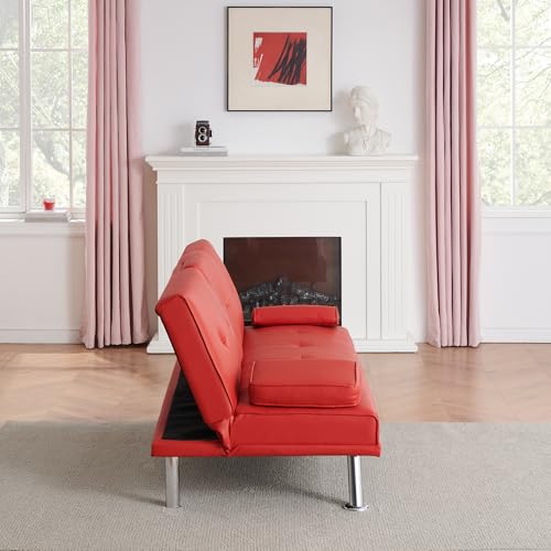 Zentrava Red 67" Convertible 2 in 1 Futon Sofa Bed with 2 Cup Holders,Modern PU Leather Folding Loveseat Sleeper Couches w/Adjustable Backrest for Living Room Apartment Office Easy Assemble (Red) Zentrava