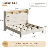 Bestier King Size Upholstered Wingback Bed Frame with 51” High Headboard Corduroy Fabric RGB LED Lights, Charging Station Dual Storage Shelves Modern Off White Platform Bed No Box Spring Needed Bestier