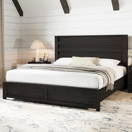 AMERLIFE Farmhouse King Size Bed Frame with 49" Fluted Headboard, Wood Platform Bed with Natural Grain, No Box Spring Needed/Noise Free, Black AMERLIFE