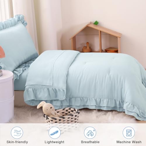 Wowelife Toddler Comforter for Girls Blue Toddler Bedding Set 4 Pieces Double Ruffles Comforter Sets, Cozy and Tender Bedding Includes Comforter, Fitted Sheet, Flat Top Sheet and Pillowcase Wowelife