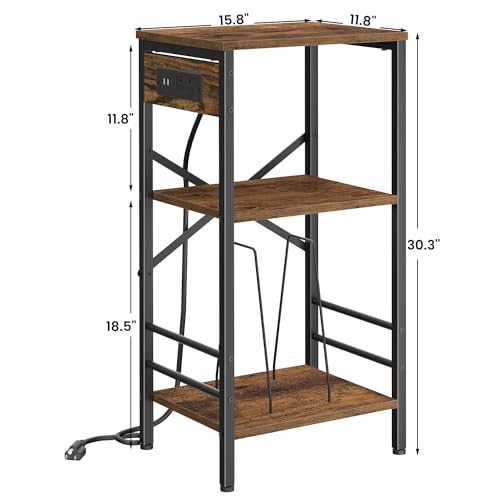 Asgolion Record Player Stand with Charging Station, 3-Tier End Table with LED Light, Side Table Nightstand for Vinyl Storage,Tall Beside Tables Turntable Stand Living Room, Bedroom, Rustic Brown Asgolion