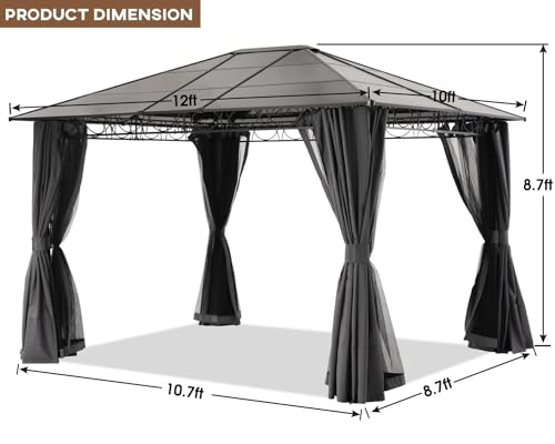 ABCCANOPY Hardtop Gazebo 10x12 - Outdoor Polycarbonate Hard Top Roof Gazebo with Curtains and Netting for Patios, Deck, Backyard and Garden (Dark Gray) - WoodArtSupply