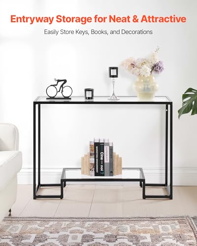 VEVOR Glass Console Table, 42 Inch Entryway Table, Modern Rectangle Sofa Table with Tempered Glass Top and Iron Legs, 2-Tier Consloe Desk for Living Room, Hallway, Entryway VEVOR