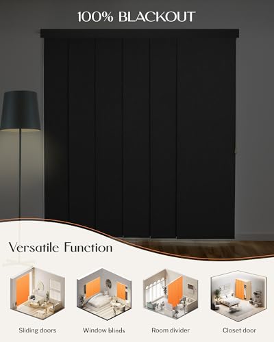 Heefen Adjustable Panel Track Blinds Blackout Vertical Blinds with Valance, Sliding Glass Door Blinds, Room Dividers, Retractable Track from 74" to 133" W, Trimmable Panel Up to 102" H (Dark Grey) Heefen