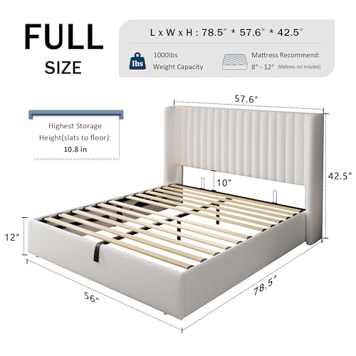 GalnFu Full Size Lift Up Storage Bed, Upholstered Velvet Platform Bed Frame with Wingback Headboard, Hydraulic System, Solid Wooden Slats Support, No Box Spring Needed, Easy Assembly, White GalnFu