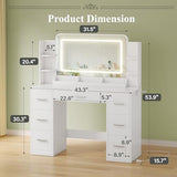 JUMMICO Makeup Vanity Desk with Large Mirror and LED Lights, Vanity with Power Strip and Hairdryer Holder, 6 Open Shelves and 7 Drawers Modern Dressing Table, for Bedroom (White) JUMMICO