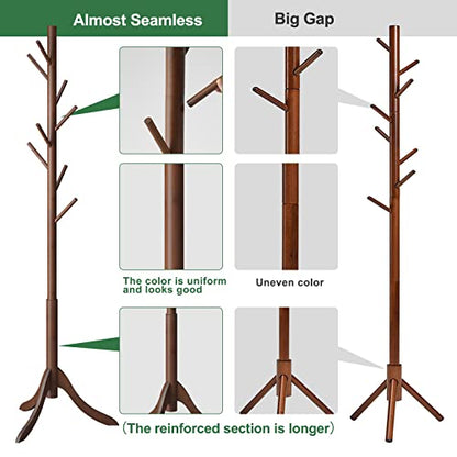 kiplant Bamboo Wood Coat Rack Stand, Freestanding Coat Tree with 8 Hooks, Hallway Entryway Hat Hanger Organizer Standing for Bedroom, Office, Clothes, Jackets, Bags, Umbrallas