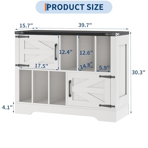 39" Large Record Player Stand with Vinyl Storage, Farmhouse Wood Vinyl Record Storage Cabinet with Barn Doors, Mid-Century Modern Turntable Stand for Living Room, White IDEALHOUSE