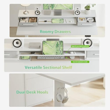 Agilestic 48 Inch Electric Standing Desk with Drawers, Adjustable Desk with Storage Shelf, Stand Up Home Office Computer Table, Splice Board, White Agilestic
