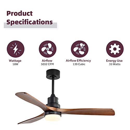 Sofucor 52 Inch Ceiling Fan with Lights Remote Control, Noiseless |Dimmable |6-Speed Outdoor Ceiling Fan with Light, Walnut 3 Blade Wood Ceiling Fan with Timer, Reversible DC Motor for Patio Bedroom Sofucor
