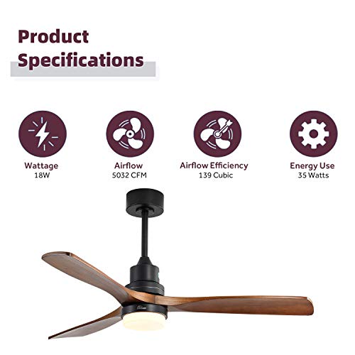 Sofucor 52 Inch Ceiling Fan with Lights Remote Control, Noiseless |Dimmable |6-Speed Outdoor Ceiling Fan with Light, Walnut 3 Blade Wood Ceiling Fan with Timer, Reversible DC Motor for Patio Bedroom