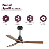 Sofucor 52 Inch Ceiling Fan with Lights Remote Control, Noiseless |Dimmable |6-Speed Outdoor Ceiling Fan with Light, Walnut 3 Blade Wood Ceiling Fan with Timer, Reversible DC Motor for Patio Bedroom Sofucor