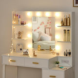 ANWBROAD Makeup Vanity Desk Vanity Set with 10 LED Bulbs Lighted Mirror Makeup Vanity Table Set with Charging Station Nightstand 3 Colors Modes Dimming Cushioned Stool Large Mirror White UBDT53W ANWBROAD