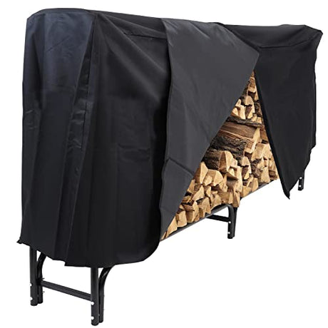 Sunnydaze Outdoor Firewood Log Rack and Cover Combo Set - Black Powder-Coated Steel and PVC - Black Fabric - 8-Foot Sunnydaze