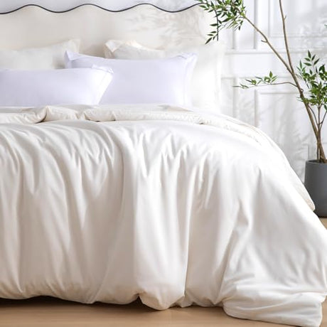 SheRest 1 Piece Duvet Cover Twin Size - 100% Viscose Derived from Bamboo, Soft Breathable Cooling Comforter Cover for Hot Sleepers, 8 Corner Ties and Zipper Closure, No Comforter, Light Beige, 68"x90" SheRest