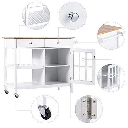 ChooChoo Rolling Kitchen Island, Portable Kitchen Cart Wood Top Kitchen Trolley with Drawers and Glass Door Cabinet, Wine Shelf, Towel Rack, White