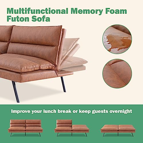 Vyfipt Futon Sofa Bed/Couch,3” Memory Foam Small Splitback Sofa,Faux Leather Modern Loveseat for Living Room,Apartment,Studio,Guest Room,Home Office,71" L (Brown) Vyfipt
