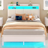 Rolanstar Bed Frame Full Size with Charging Station and LED Lights, Upholstered Headboard with Storage Shelves, Heavy Duty Metal Slats, No Box Spring Need, Noise Free, Easy Assembly, White Rolanstar