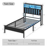 Twin Size Bed Frame with Charging Station and LED Lights, Twin Bed Frames with Storage Headboard, Black LED Bed Frame with Storage Shelves, Metal Platform with Under-Bed Storage, No Box Spring Needed CSZZD