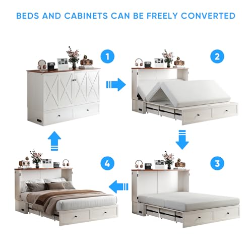 PUREMIND Murphy Bed Queen with Mattress Included, Hideaway Cabinet Bed Frame with Storage Drawers, USB Charging Ports - Space Saving Chest beds for Guest Room PUREMIND