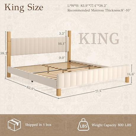 Yechen King Size Bed Frame, Wood Bed Frame with Upholstered Headboard, Solid Wood Posts and Feet, No Box Spring Needed, Beige Linen Yechen