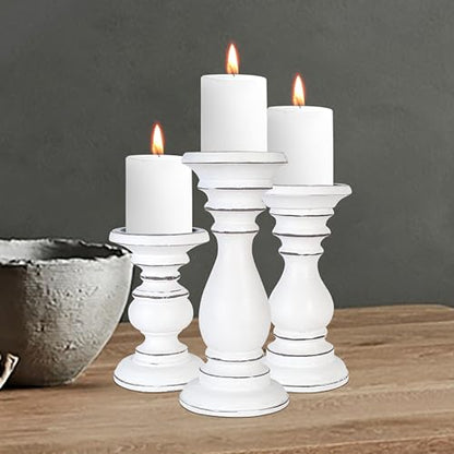 White Wooden Candle Holder, Candle Holder for Christmas Decoration, Wood Pillar Candle Holder, Tall Candle Holders, Farmhouse Candle Holder, Candle Holder Set of 3, Height (10+8+6) inch White - WoodArtSupply