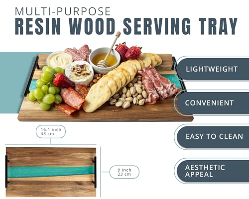 Visually Stunning Celeste Blue Resin + Acacia Wood Serving Board with Handles - 16x19 Serving Tray for Food, Breakfast in Bed, Coffee Table, Decor, Skincare Organization, Snacks, Patio, BBQ, Lap Tray Comfify