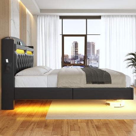 ADORNEVE Floating Bed Frame Queen with Hidden Storage Headboard, Floating LED Bed Frame with Charging Station, Upholstered Leather Platform Bed with Storage, No Box Spring Needed, Black ADORNEVE