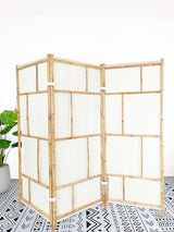 Handcrafted Bamboo 3 Panel Folding Room Divider Privacy Screen, Freestanding 6 Feet Tall Decorative Room Separator, Ecru 100% Cotton Fabric Statra
