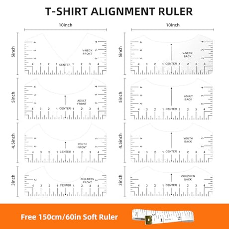 10 PCS T-Shirt Ruler Guide - Tshirt Measurement Tools for Children Youth Adult, V-Neck/Round PVC Rule Rulers Designs Heat Press Accessories for Vinyl Alignment, Heat Press MFJUNS