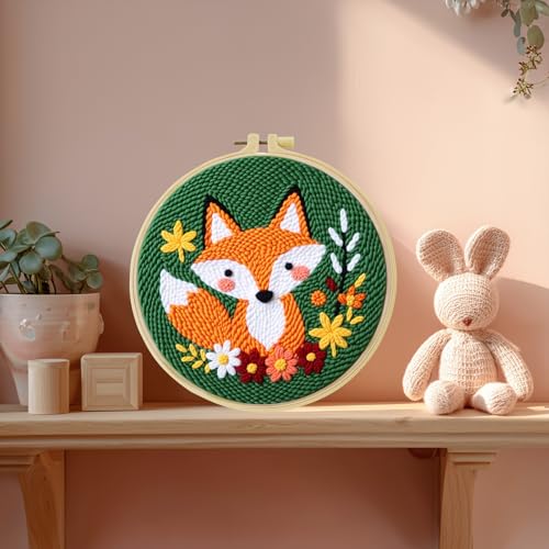 JOZYSH Punch Needle Embroidery Starter Kits for Beginners Cute Cartoon Animal Embroidery Hoops,Color Threads,Instructions and Needles,DIY Adults Embroidery (Fox)