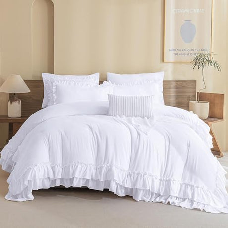 QSH White Comforter Full with Ruffles,3PCs Shabby Boho Chic Farmhouse Bedding Comforter Set Full Size Soft Vintage Fluffy Microfiber White Ruffle Bedding Set QSH