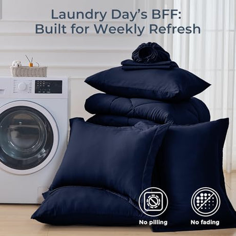 HEVUMYI Navy Blue Queen Comforter Set - 7-Piece All Season Bed in a Bag Queen, Ultra Soft Bedding Set with Comforter, Flat Sheet, Fitted Sheet, Pillowcases, Pillow Shams, Navy Blue HEVUMYI