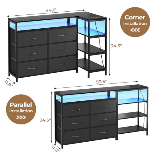 BTHFST TV Stand Dresser Bedroom for 60 Inch TV with LED Lights & Charging Station, Changable L Shape Corner TV Stand, 6 PU Drawers, 3 Open Shelves Entertainment Center (Black) - WoodArtSupply