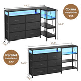BTHFST TV Stand Dresser Bedroom for 60 Inch TV with LED Lights & Charging Station, Changable L Shape Corner TV Stand, 6 PU Drawers, 3 Open Shelves Entertainment Center (Black) BTHFST