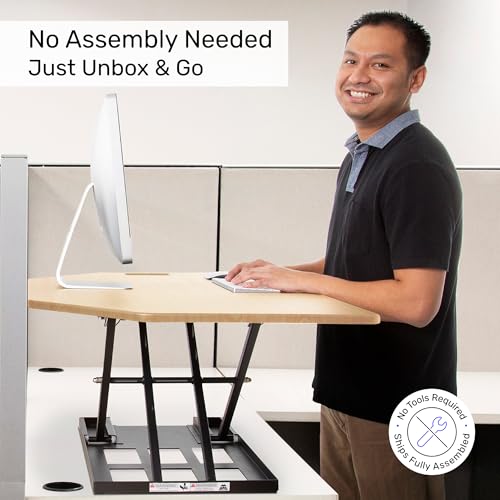 X-Elite Pro 40" Corner Standing Desk Converter with Pneumatic Lift | Adjustable Sit to Stand Riser, L-Shaped Desks & Cubicles | Fully Assembled Computer Workstation (American Maple) Stand Steady
