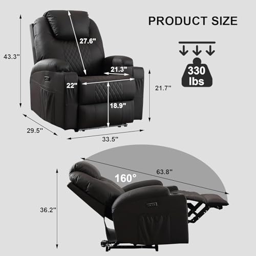 IBTKIG Power Recliner Chair with Massage and Heat, Leather Home Theater Seating with LED Lights/Cup Holders/Side Pocket/USB Port, Reclining Sofa Chair for Living Room (1, Brown)