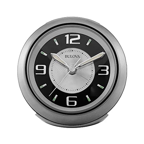 Bulova - 3.75" W x 3.75" H B5027 Lite Night Alarm Clock | Brushed Silver-Tone Case | Illuminated Dial | Luminous Hands | Quiet Sweep | Snooze Function Bulova