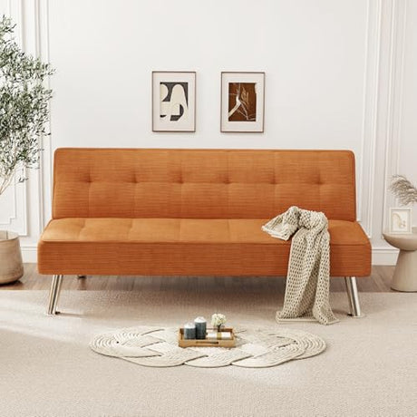 Furnimart Futon Sofa Bed, 66" Corduroy Convertible Futon Couch with 3-Position Adjustable Backrest, Solid Wood Frame Sleeper Sofa for Small Space, Living Room, Apartment, Office, Brown Furnimart